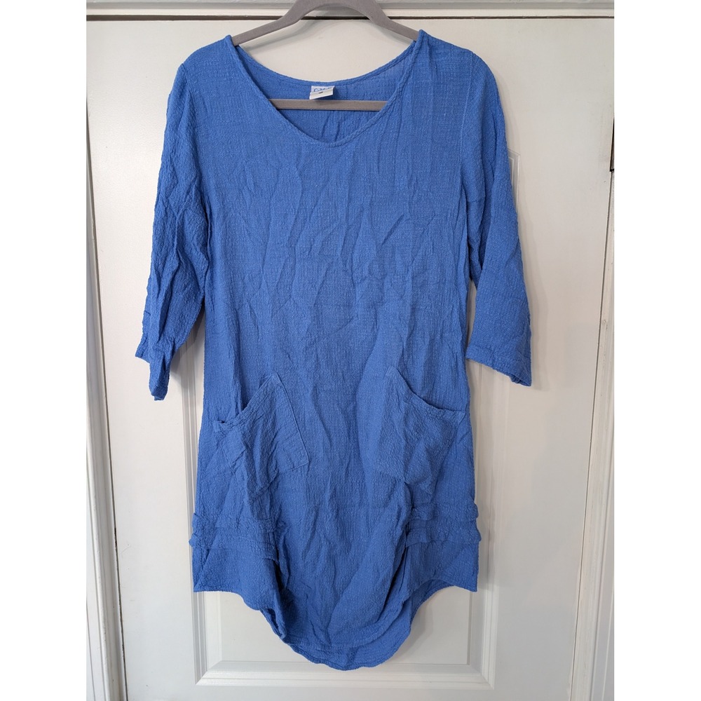 CMC Color Me Cotton Blue Textured Gauze Tunic Top 3/4 Sleeve Pockets XS‎ USA